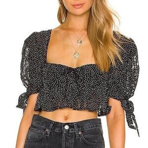 For Love & Lemons Leila Black Sheer Lace Polka Dot Printed Crop Top Size XXS/XS